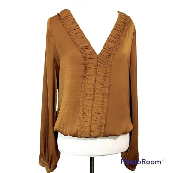 Summer Vintage Bishop Feminine Ruffle Accent Small Gold/Brown Blouse - Picture 1 of 9